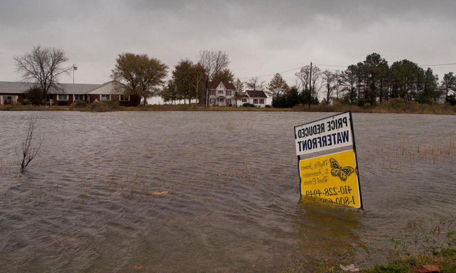 A waterfront property for sale sign submerged in flood waters